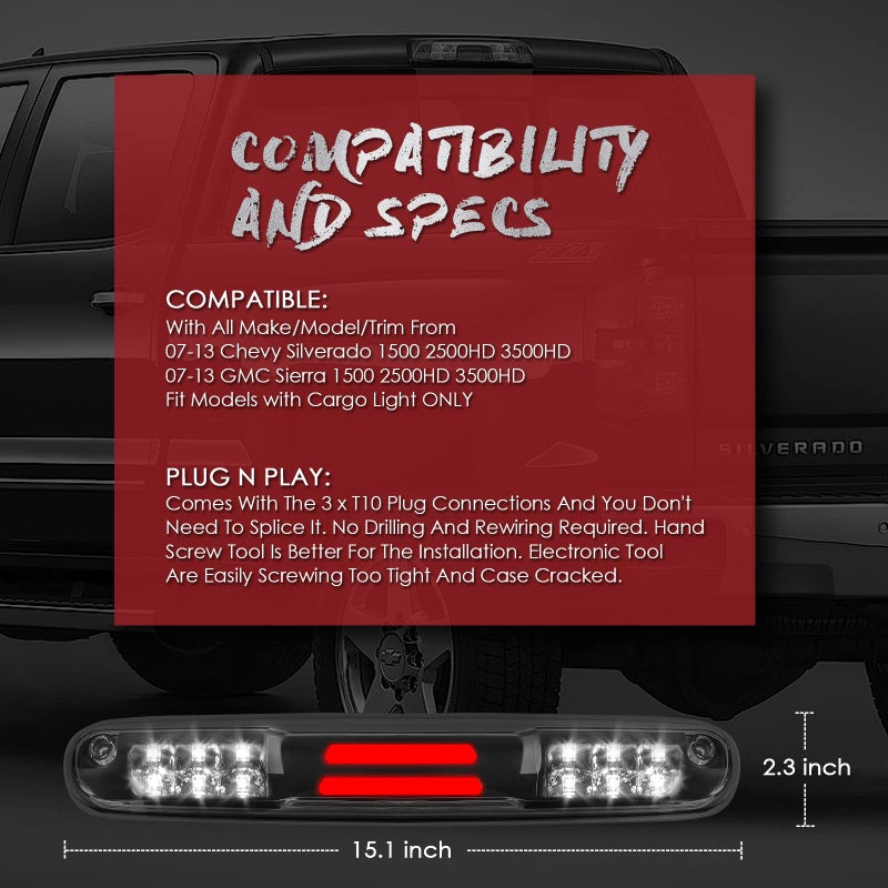 KOMAS 3rd Third Tail Rear Brake Light Replacement For 2007 2008 2009 2010 2011 2012 2013 Chevy Silverado/GMC Sierra High Mount Waterproof 3D Dual Row LED Bar (Clear Lens) - Image 5